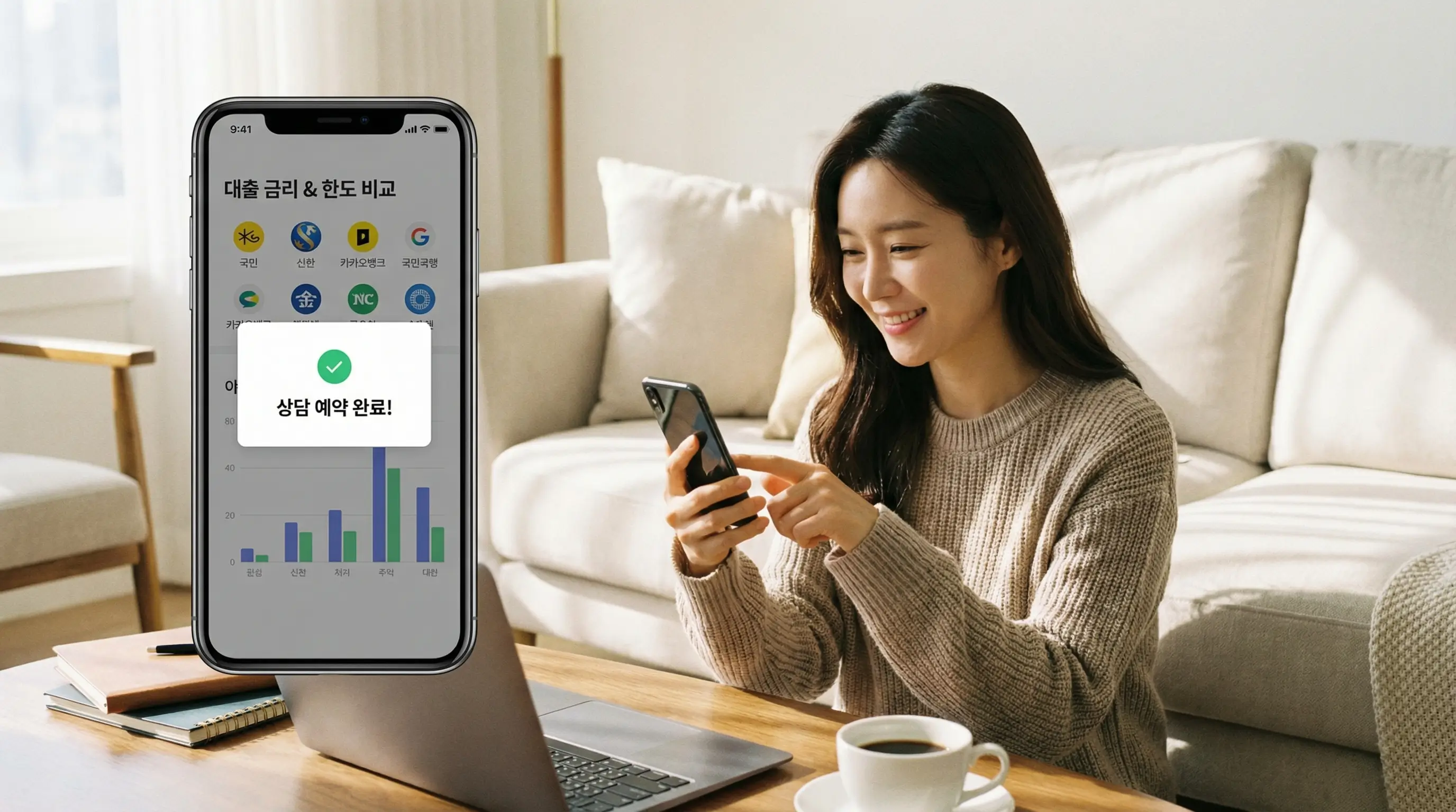스마트폰 앱으로 간편하게 은행별 대출 금리와 한도를 조회하고 상담 예약을 하는 현명한 모습