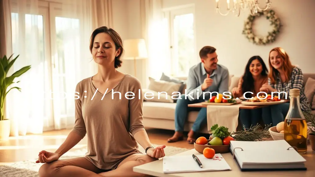 따뜻한 자연광이 부드럽게 들어오는 거실에서 30대 여성이 편안한 표정으로 명상하거나 가벼운 스트레칭을 하는 모습, 옆에는 가족과 함께 명절 준비를 하며 웃고 있는 모습