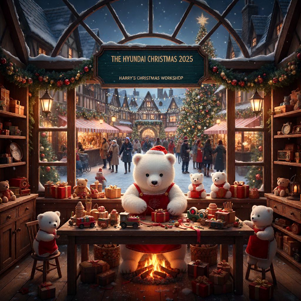더현대서울 크리스마스 빌리지 2025의 테마존 ‘해리의 크리스마스 워크샵’에서 귀여운 곰 인형들이 선물을 포장하는 장면. 눈 내리는 거리와 크리스마스 트리로 가득한 풍경 속에서 가족과 연인이 즐기는 따뜻한 연말 분위기.