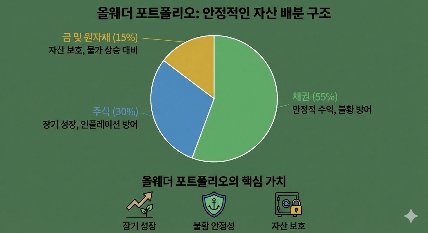 주식 30퍼센트, 채권 55퍼센트, 금 및 원자재 15퍼센트의 비중을 보여주는 올웨더 포트폴리오 원형 그래프 인포그래픽. 하단에는 장기 성장, 불황 안정성, 자산 보호를 상징하는 아이콘이 배치되어 있음
