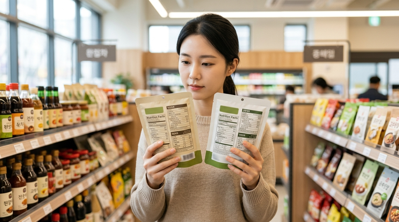 마트 식품 코너에서 한 여성이 포장식품 두 개를 손에 들고 뒷면 영양성분표를 비교하며 살펴보고 있는 모습.