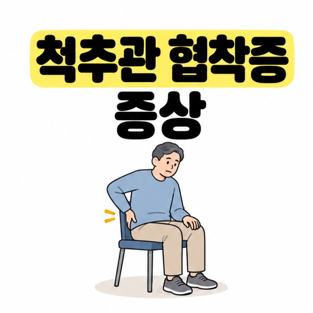 척추관 협착증 증상 제목 아래 의자에 앉은 성인이 허리 옆을 가볍게 짚는 모습