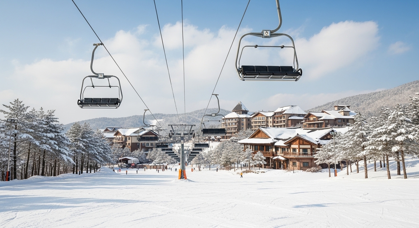 눈 덮인 산비탈을 따라 리프트가 올라가는 강원도 스키장의 전경. 깨끗한 설원이 겨울 스포츠의 시작을 알립니다.