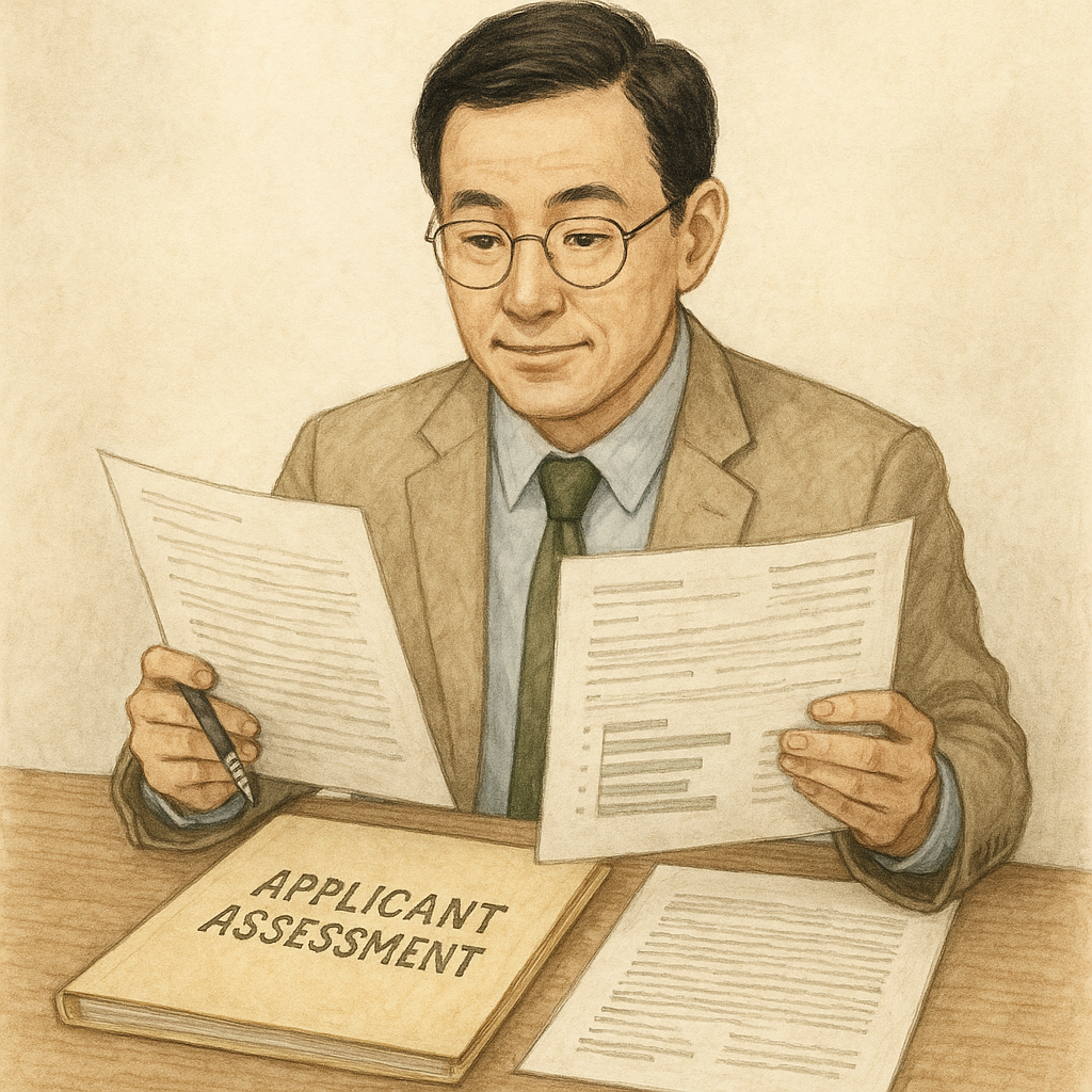 입학사정관이 서류를 평가하는 장면의 일러스트