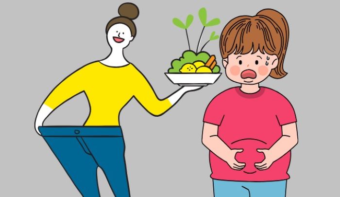 다이어트를 성공한 여성과 아직 살이 빠지지 않아 고민하는 여성의 대비된 모습