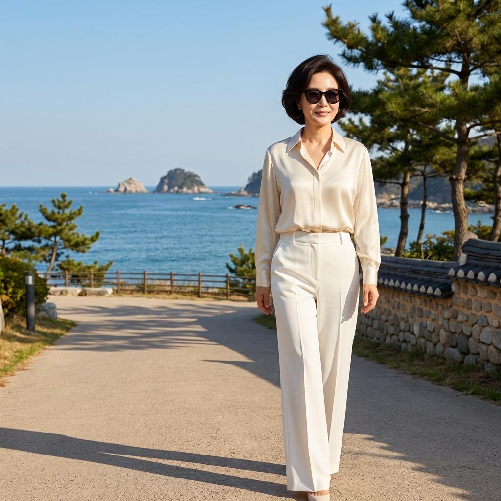 여행지에서 빛나는 50대 여유로운 리조트룩 연출