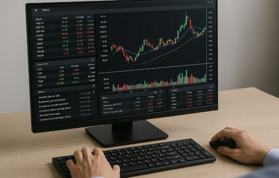 컴퓨터로 주식시장을 보고 있는 사진