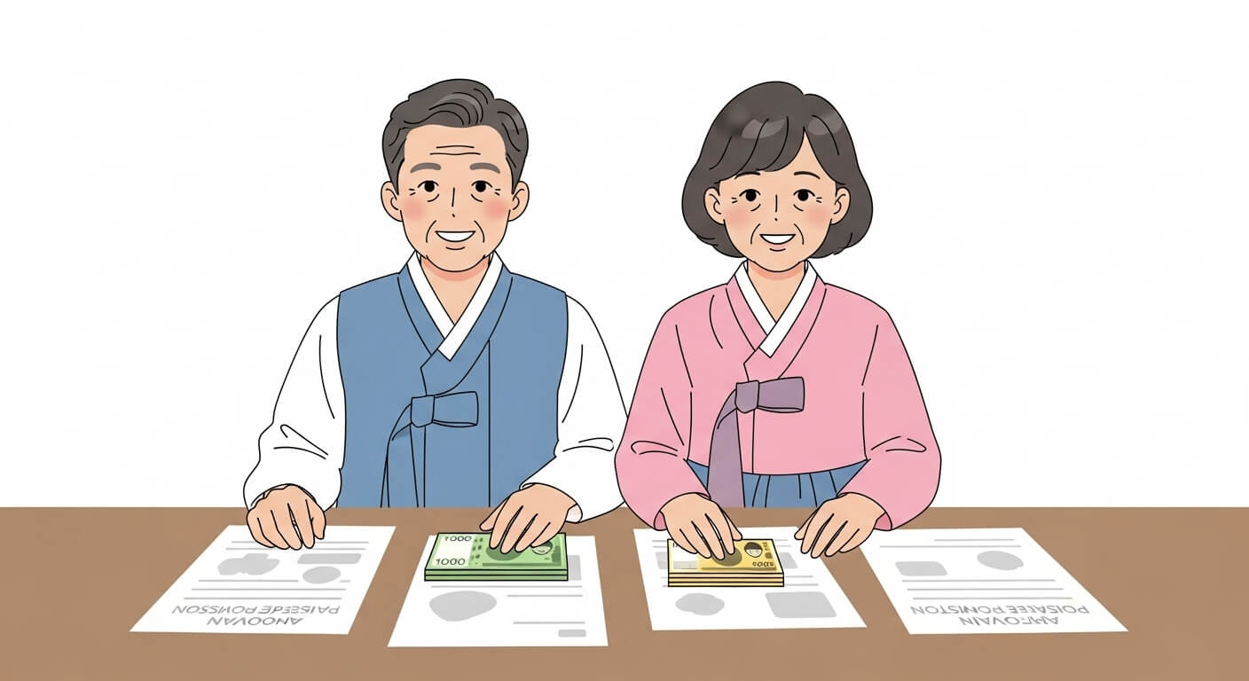 기초연금 수급 확정 후 서류와 현금을 들고 기뻐하는 노부부의 모습 2