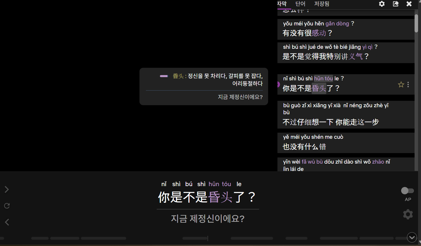 초기 설정이 완료된 중국어 자막- 한글 자막 이중 정렬이 성공적으로 된 화면 모습