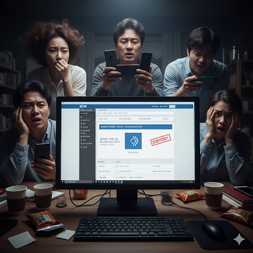 명절 KTX 예매의 치열함을 나타내는 웹사이트 화면과 사람들의 모습