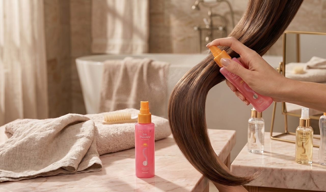 윤기 나는 머릿결과 헤어 미스트 제품이 어우러진 사진