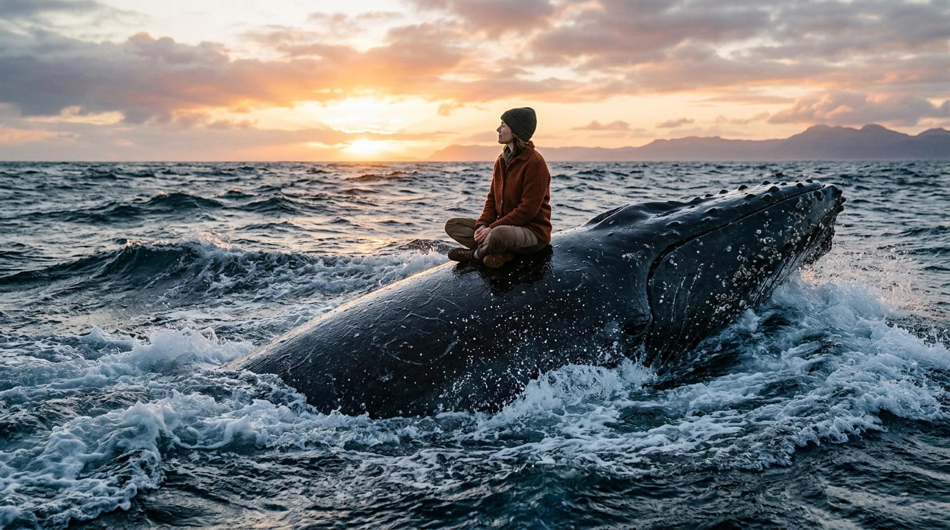 거친 파도를 뚫고 올라온 고래(시장)의 등 위에서 여유롭게 지평선을 바라보는 투자자의 평온한 모습