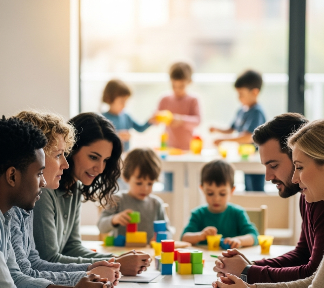 아이들이 놀고 있고 여러부모들이 모여서 대화를 나누는 사진