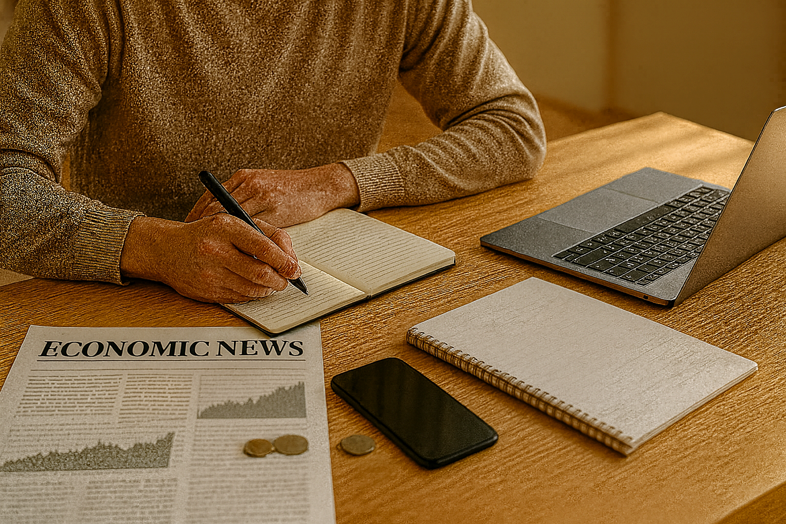 경제 신문과 노트로 금융 공부를 하는 모습