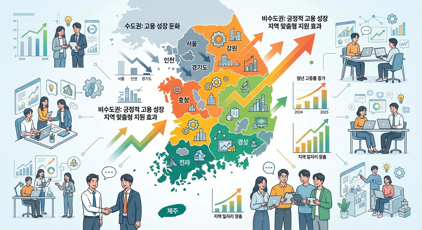 수도권과 비수도권 지역의 청년 고용 지표를 비교하는 인포그래픽, 비수도권 지역의 긍정적인 고용 성장과 청년 일자리를 강조.