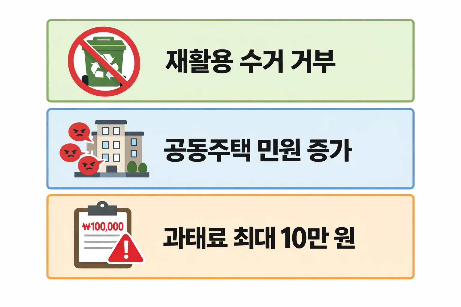 공기청정기 필터를 일반쓰레기와 혼합 배출했을 때 발생하는 민원 증가와 과태료 부과 사례를 기준으로 정리한 실제 문제 상황 이미지