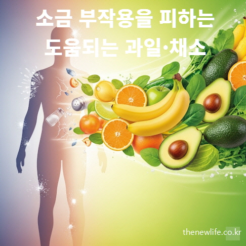 소금을 많이 먹으면 도움이 되는 칼륨 풍부 과일과 채소로 바나나, 오렌지, 아보카도, 시금치, 브로콜리, 감자 등이 나트륨 배출과 소금 부작용 예방에 효과적임을 보여주는 이미지
