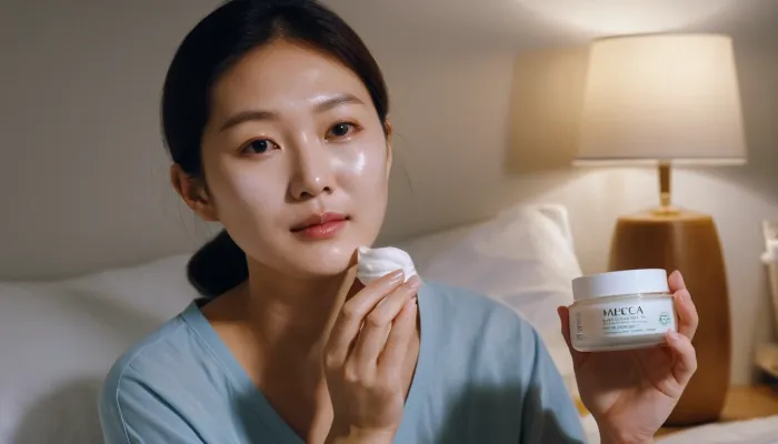 마데카 크림 시즌7을 볼에 바르며 웃고 있는 모습