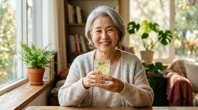 50~60대 한국 여성이 레몬수 마시며 미소 짓는 마무리 컷