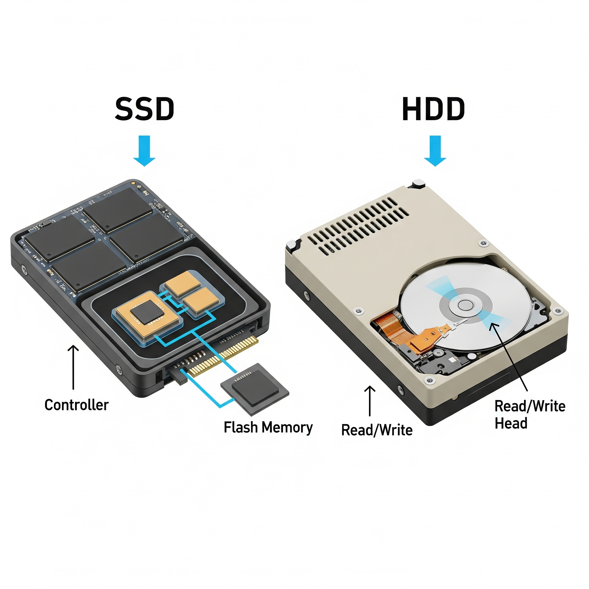 솔리드 스테이트 드라이브(SSD)와 하드 디스크 드라이브(HDD)의 물리적인 차이와 속성(빠른 속도, 물리적 움직임 없음)을 비교한 이미지