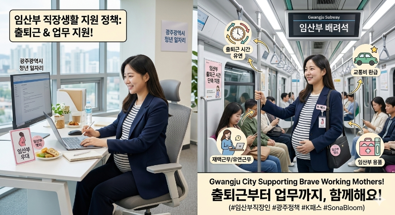 alt="직장생활을 하는 임산부의 출퇴근 모습과 직장 임산부 지원 제도 이미지"