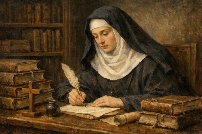 중세 초기 여성 극작가 흐로스비타의 집필 모습