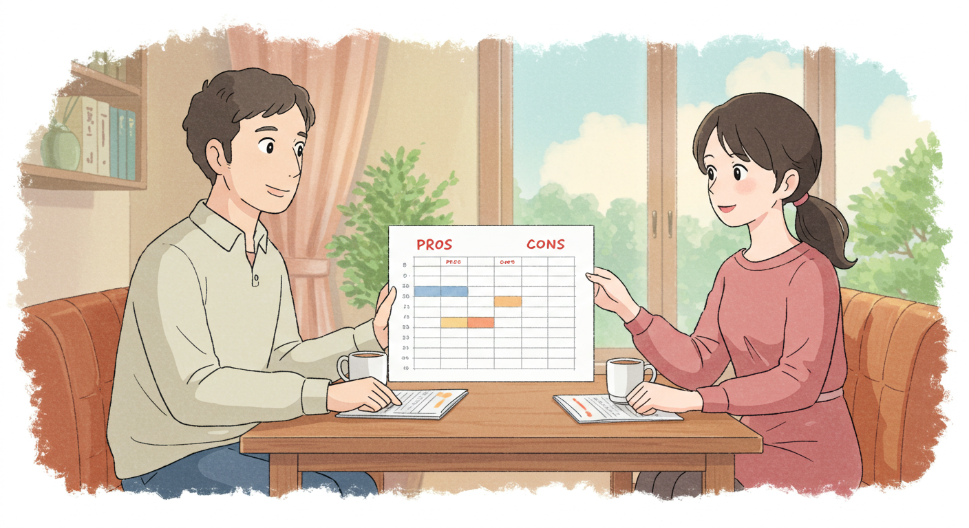 첫가입자 전용 암보험 장단점을 비교하는 인물 일러스트