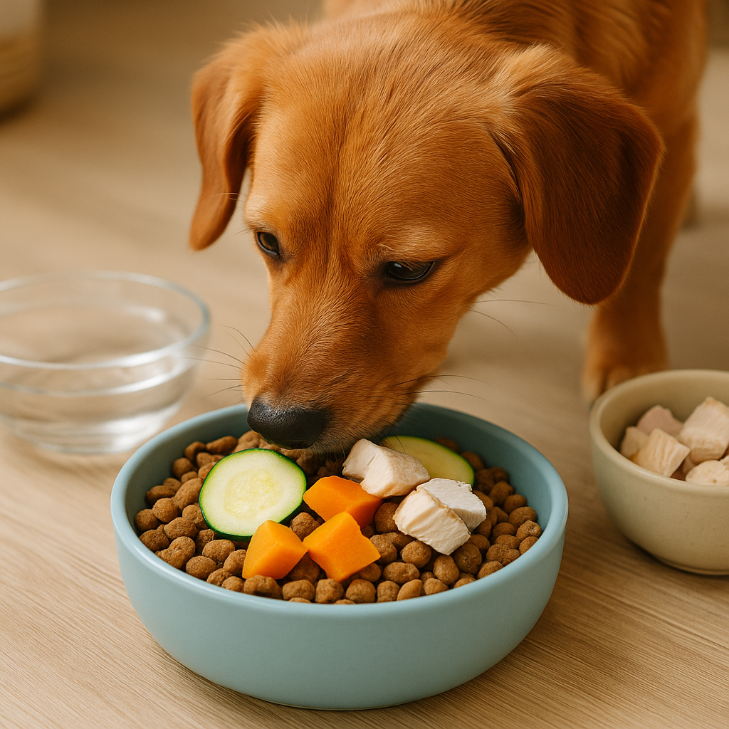 강아지가 물에 불린 사료를 맛있게 먹는 모습 이미지