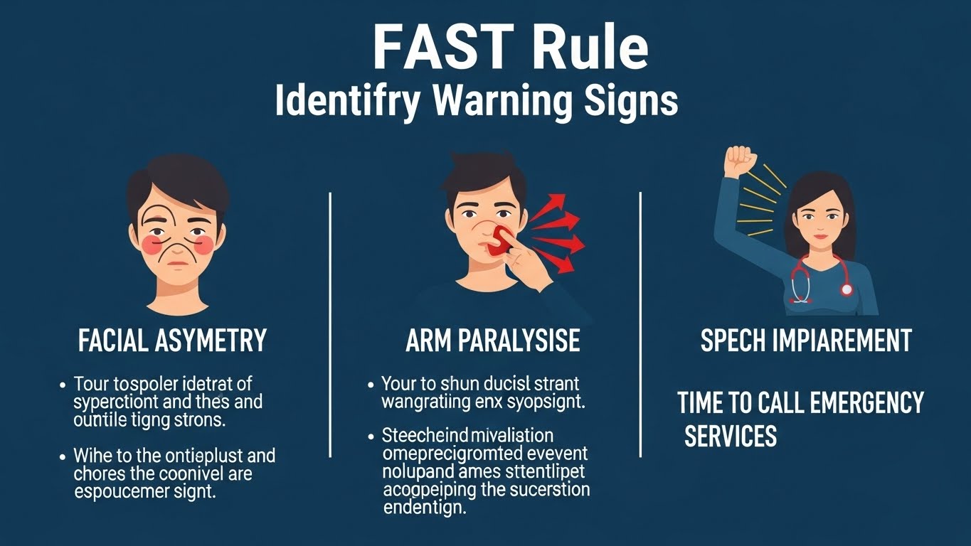 뇌졸중 전조증상을 확인하는 FAST 법칙(얼굴 비대칭, 팔 마비, 언어 장애) 설명도