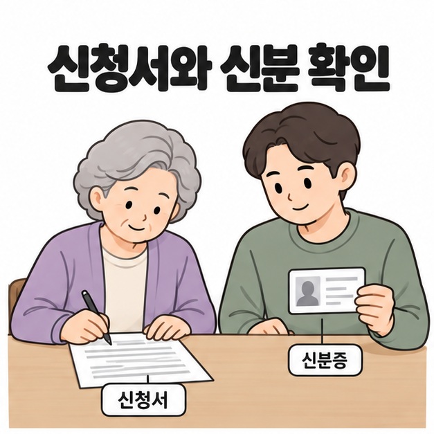 신청서와 신분 확인 제목 아래 어르신이 신청서를 작성하고 옆의 성인 남성이 신분증을 준비하는 모습