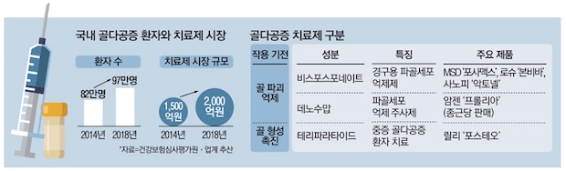 골다공증 환자와 치료제 시장 관련 이미지