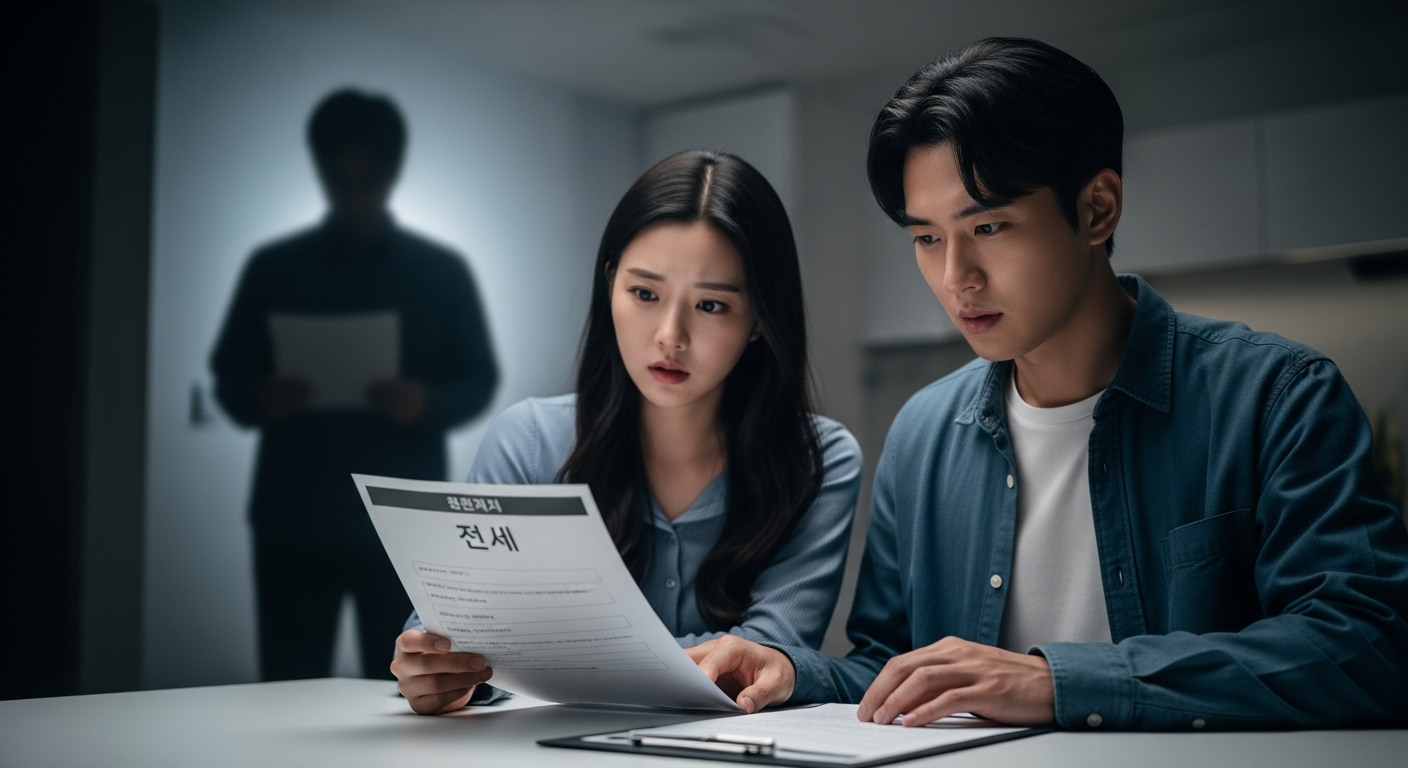 전세 계약서를 꼼꼼히 살펴보며 전세 사기 위험에 대해 고민하는 젊은 부부의 모습