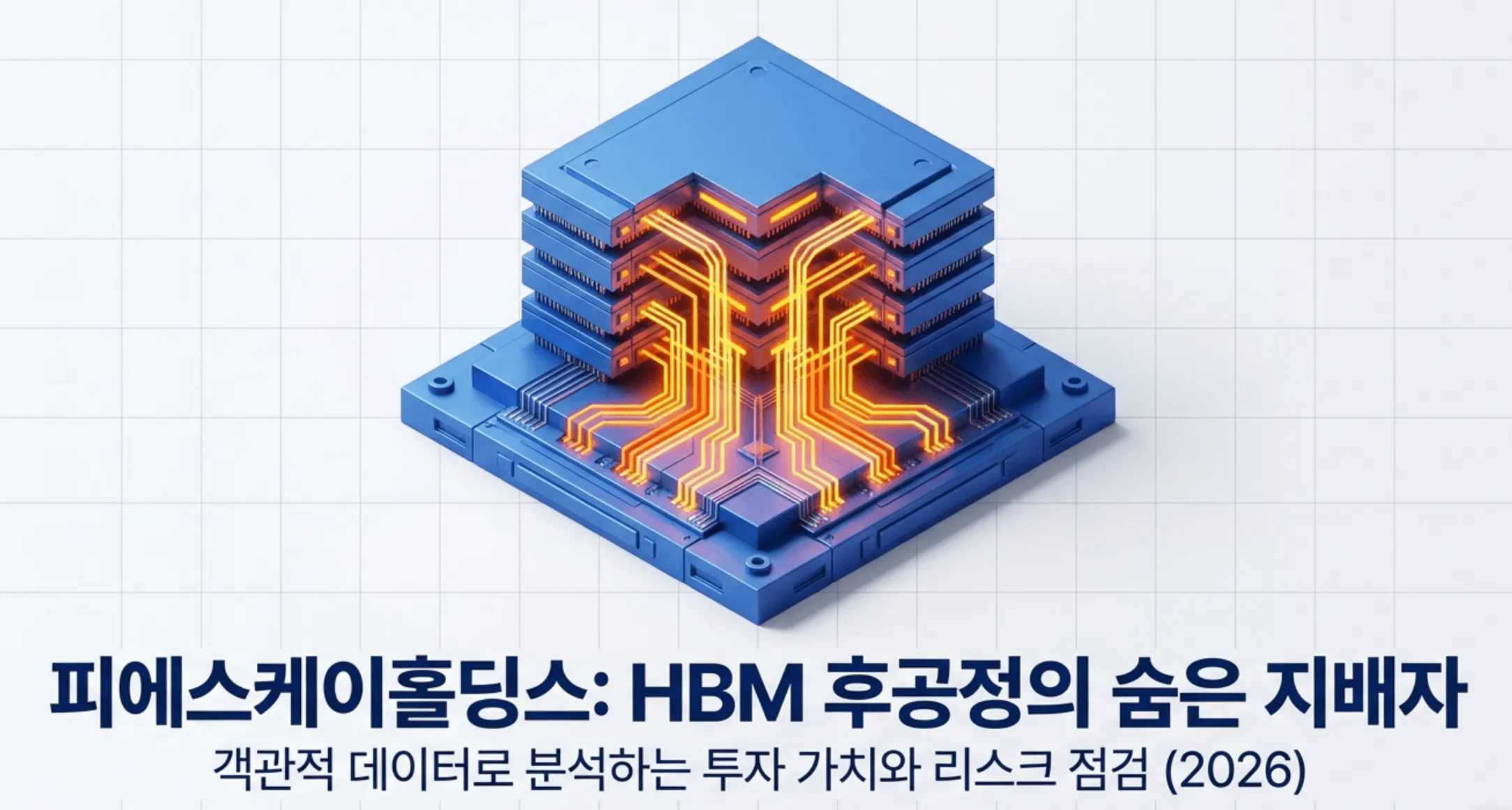 피에스케이홀딩스 HBM 후공정 주가 전망 분석을 소개하는 대표 이미지. 'HBM 후공정의 숨은 지배자'라는 문구와 함께 고대역폭메모리를 형상화한 적층 반도체 일러스트가 담겨 있음. 이 이미지는 피에스케이홀딩스가 HBM 패키징 후공정 장비 기업이라는 핵심 정체성을 시각적으로 전달하며, 블로그의 피에스케이홀딩스 주가 전망과 투자 가치·리스크 분석 주제를 대표함