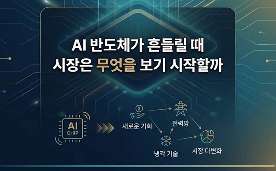 어두운 청록색과 황금빛 회로 기판 배경 중앙에 "AI 반도체가 흔들릴 때 시장은 무엇을 보기 시작할까"라는 글 제목이 흰색과 황금색 강조 폰트로 깔끔하게 적혀 있는 블로그 썸네일 이미지. 하단에는 AI 칩에서 시작해 새로운 기회, 전력망, 냉각 기술, 시장 다변화로 이어지는 인프라 확장 흐름이 심플한 아이콘과 인포그래픽으로 표현되어 있습니다.