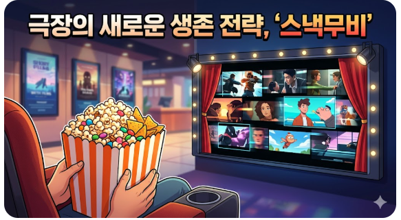 영화관 좌석에 앉아 팝콘을 든 관객이 다양한 단편 영상들이 상영되는 스크린을 바라보는 모습입니다. 상단에는 '극장의 새로운 생존 전략, 스낵무비'라는 문구가 적혀 있어 숏폼 콘텐츠의 극장 상영 트렌드를 직관적으로 나타냅니다.