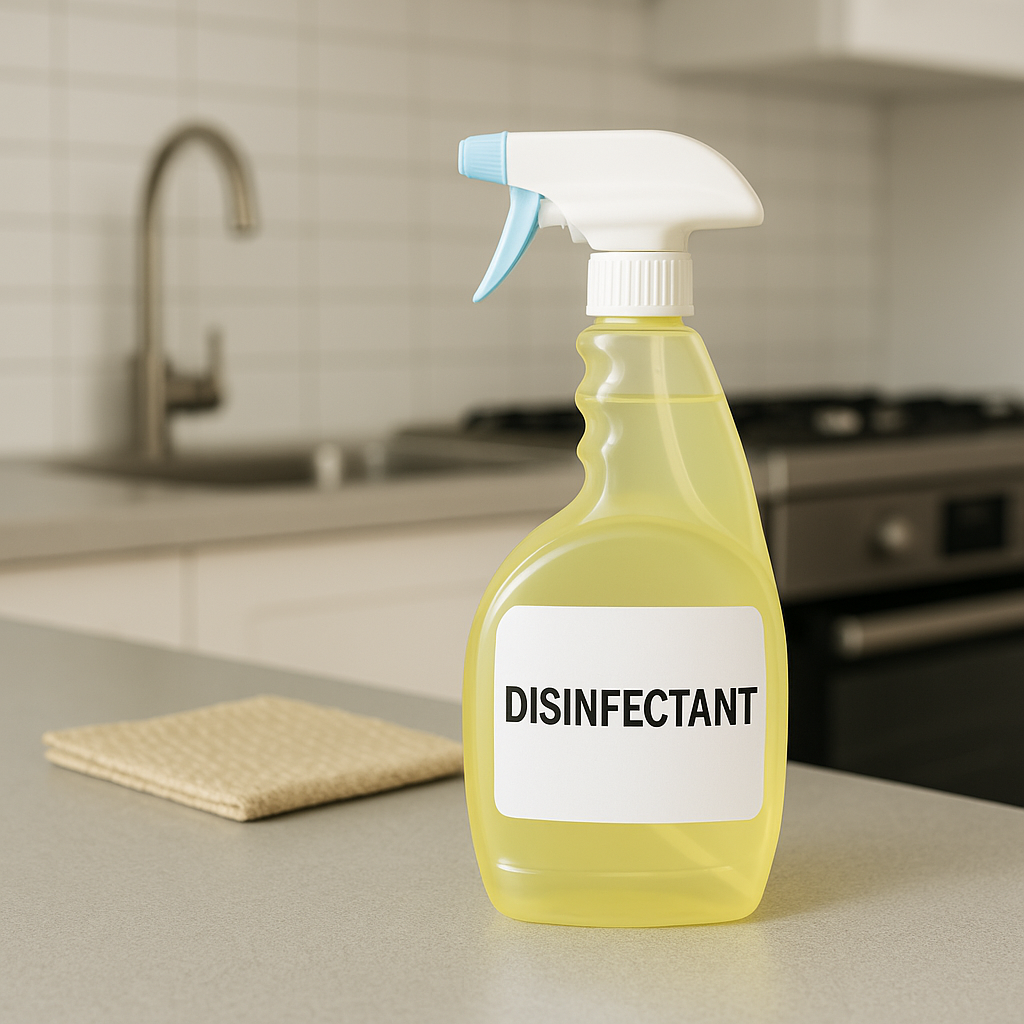 주방 조리대 위에 놓인 노란 소독제 실사용 이미지