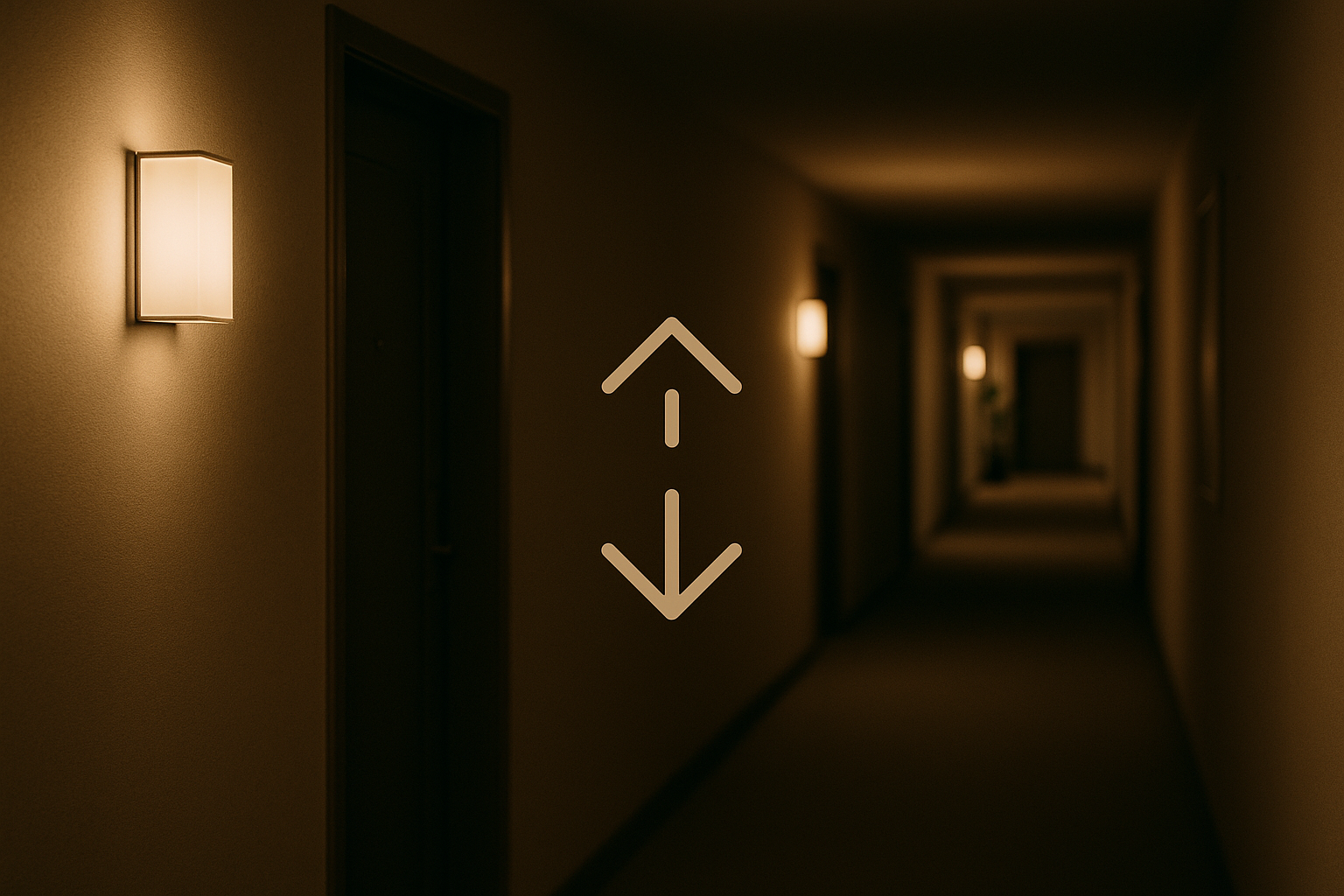 조용한 밤의 아파트 복도, 위·아래층을 상징하는 심플 아이콘