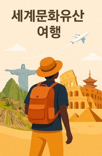 여행자가 세계문화유산 앞에 서 있는 일러스트, 주변에 콜로세움, 마추픽추, 피라미드 등이 있음