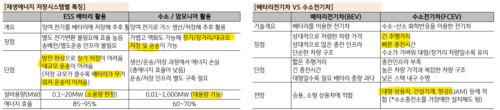 EES, 2차전지 전기차와 수소 활용 저장 시스템 및 수소 전기차 특징 비교