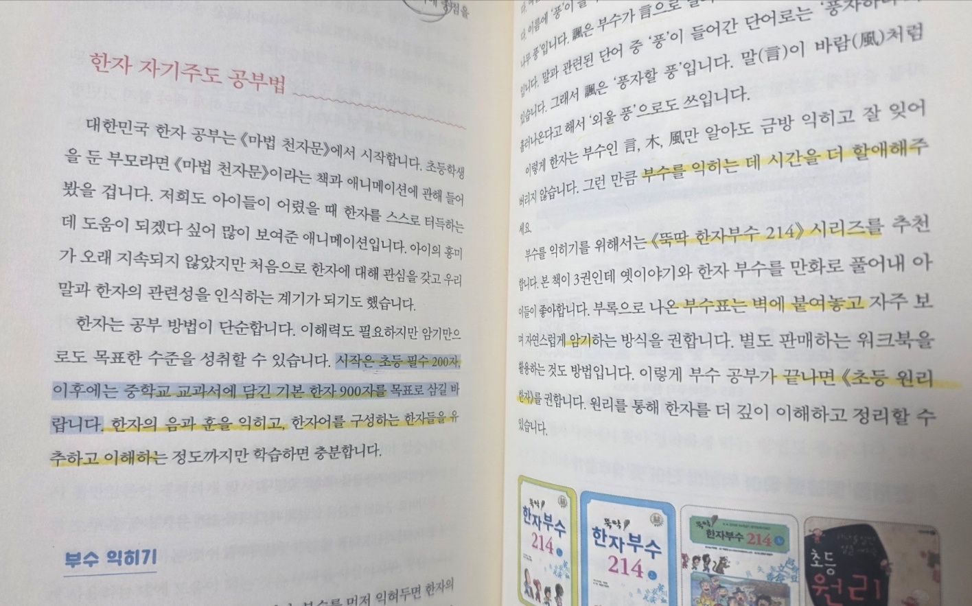 10살 아이의 엄마가 직접 형광펜으로 밑줄 그으며 읽은 초등 자기주도 공부법 한자 편 페이지 내용