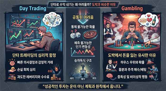단타와 도박의 공통된 위험성을 비교한 인포그래픽 이미지.