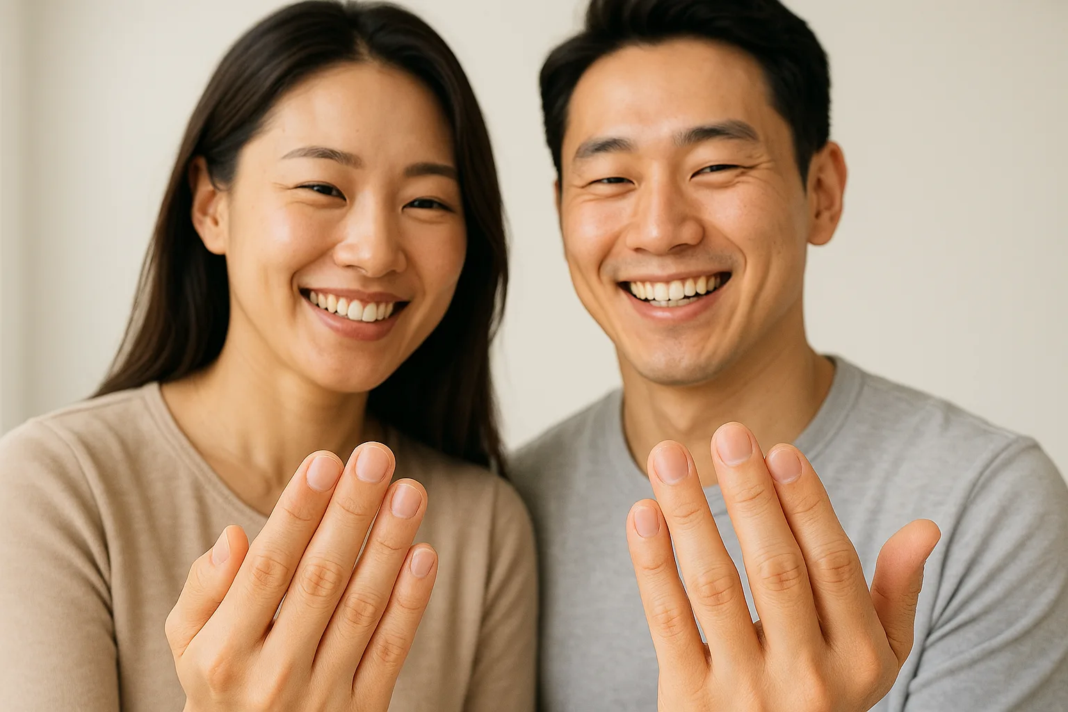 깨끗하고 단정하게 관리된 손톱을 보며 미소 짓는 성인 남녀