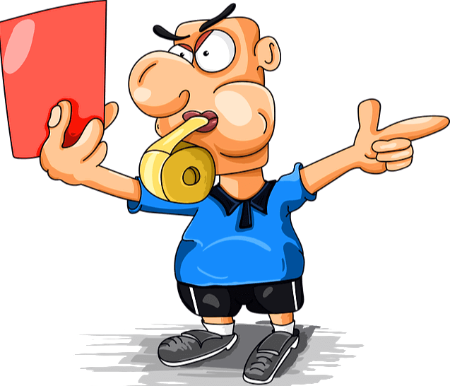 대머리 축구 심판이 빨간 레드카드를 들고 호루라기를 분다. 왼손은 밖으로 나가라는 손짓을 하고 있다. 축구감독에게 보내는 경질 신호이다.