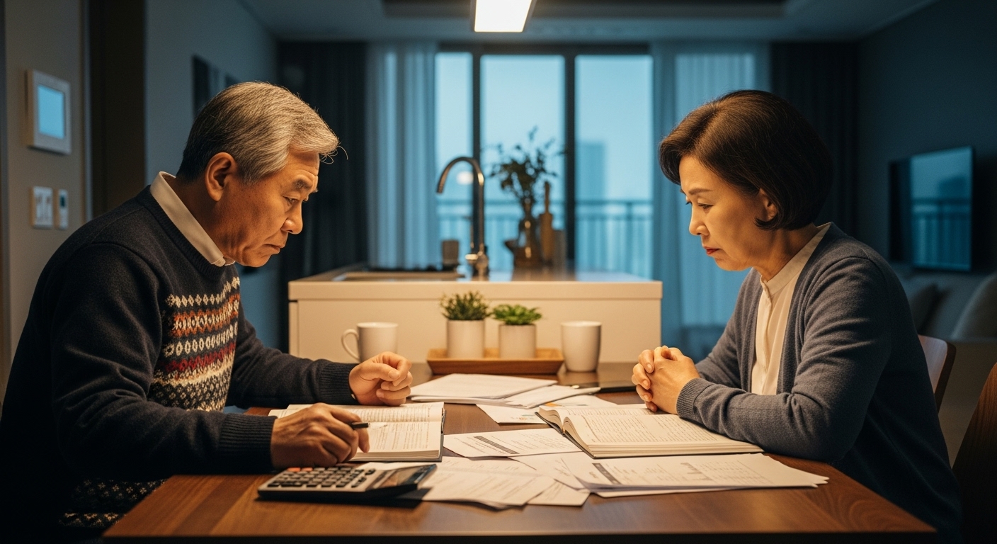 식탁에서 통장을 펼쳐놓고 심각하게 대화하는 노부부