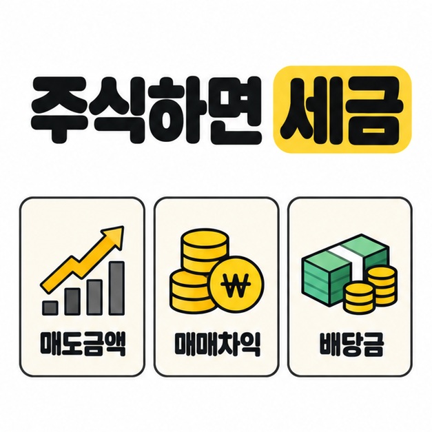 주식하면 세금 제목 아래 매도금액과 매매차익, 배당금의 세 가지 과세 기준을 구분한 대표 도식