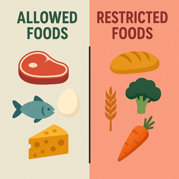 카니보어 식단에서 먹을 수 있는 식품과 제한 식품이 나란히 정리된 이미지