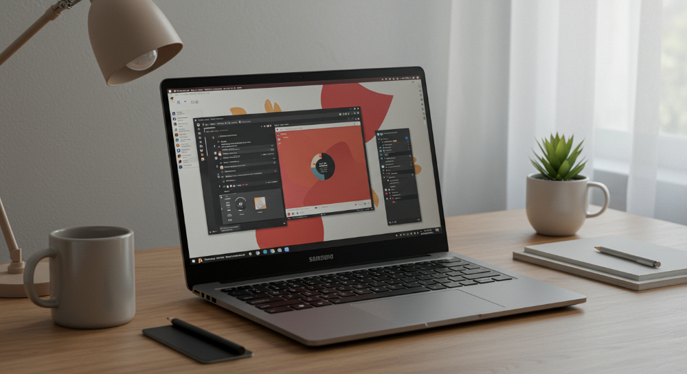큰 화면에 여러 작업창이 열려 있는 17인치 노트북이 보이는 책상 풍경. 생산적이고 현대적인 느낌을 준다.
