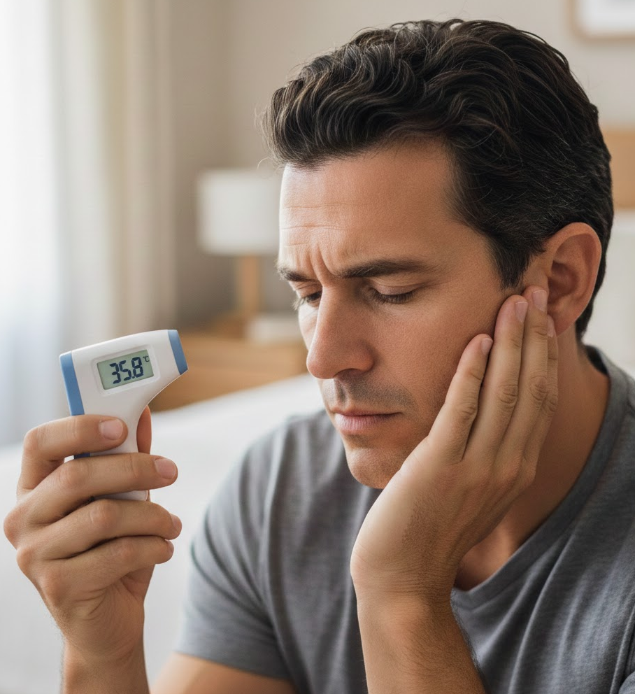 체온계로 심부 체온을 측정하고 있는 남성