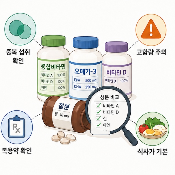 종합비타민과 다른 영양제를 함께 먹을 때 같은 성분의 중복과 고함량 섭취를 확인하는 모습을 보여주는 그림