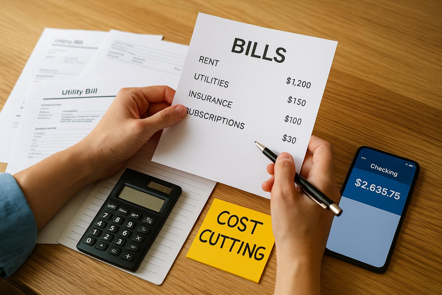 고지서와 가계 지출표를 꼼꼼히 확인하며 정리하는 장면이 담긴 사진